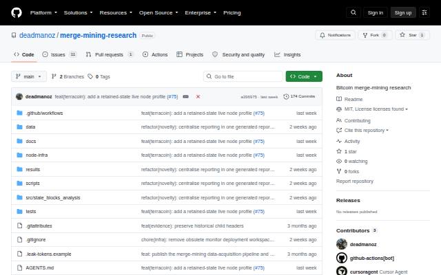 Verkleinerte Startseite von Merge-Mining-Forschung von deadmanoz