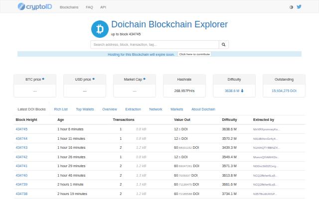 Verkleinerte Startseite von CryptoID Doichain-Explorer