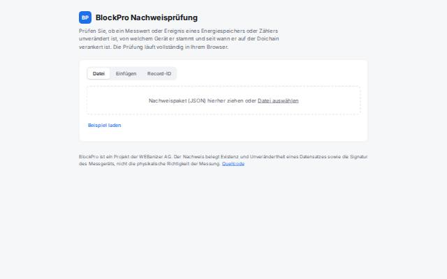 Verkleinerte Startseite von BlockPro Nachweisprüfung im Browser
