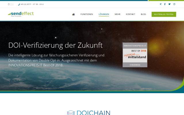 Verkleinerte Startseite von sendeffect: Doichain-verifiziertes Double-Opt-in