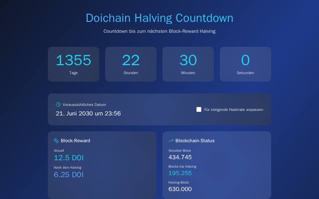 Verkleinerte Startseite von Doichain Halving-Countdown