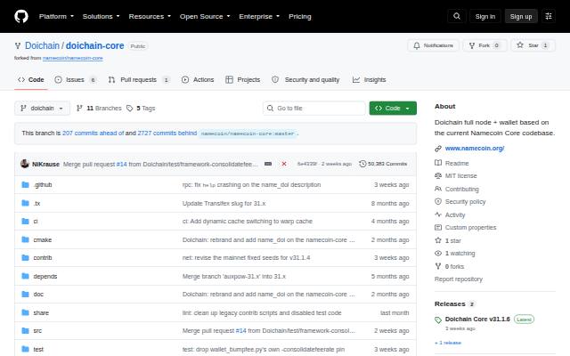 Verkleinerte Startseite von Doichain Core