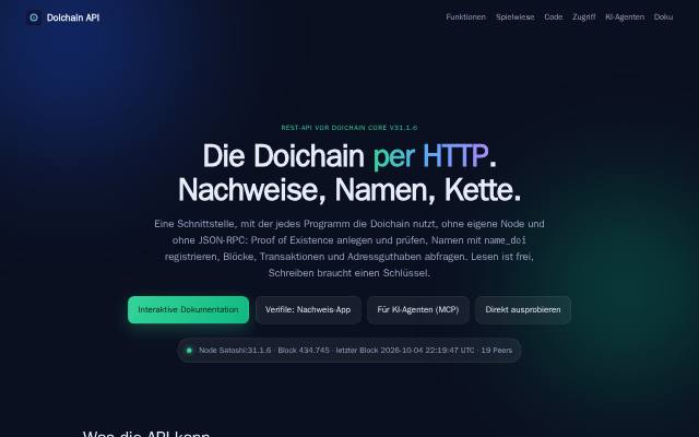 Verkleinerte Startseite von Doichain REST-API