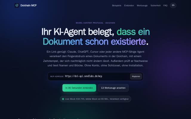 Verkleinerte Startseite von Doichain MCP-Server