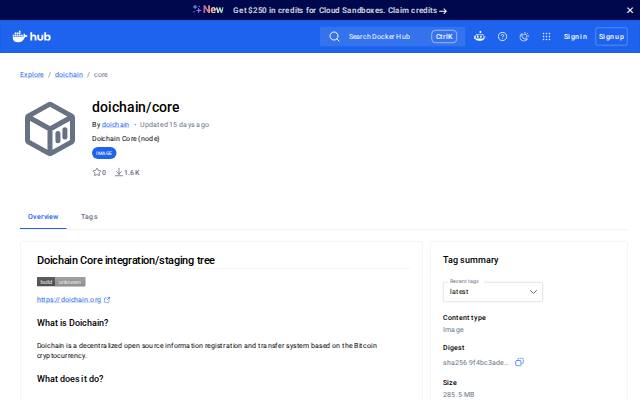 Verkleinerte Startseite von Docker-Image doichain/core