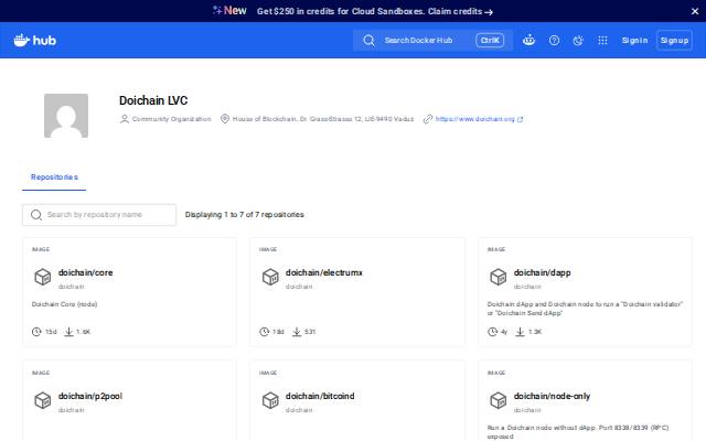 Verkleinerte Startseite von Docker-Hub-Organisation doichain
