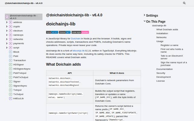 Verkleinerte Startseite von API-Dokumentation doichainjs-lib