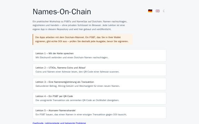 Verkleinerte Startseite von Names-on-Chain-Workshop