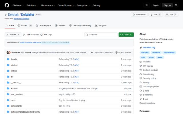 Verkleinerte Startseite von DoiWallet Quellcode