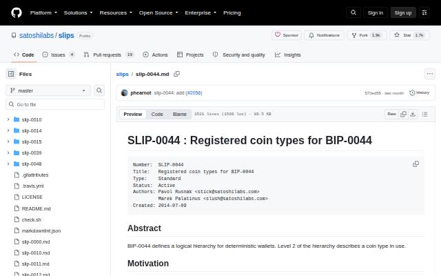 Verkleinerte Startseite von SLIP-0044: Coin Type 7070 für DOI