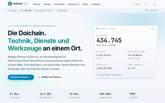 Verkleinerte Startseite von Doichain Hub