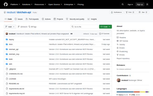 Verkleinerte Startseite von Quellcode Doichain-REST-API
