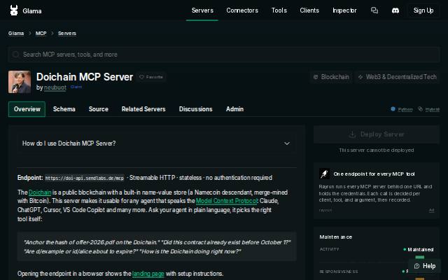 Verkleinerte Startseite von Doichain-MCP-Server bei Glama