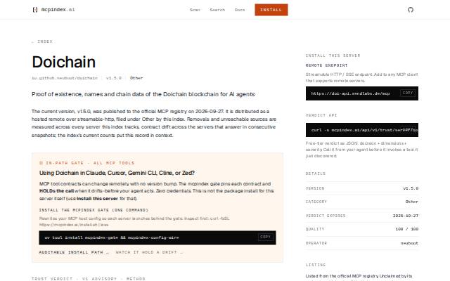 Verkleinerte Startseite von Doichain-MCP-Server bei mcpindex.ai