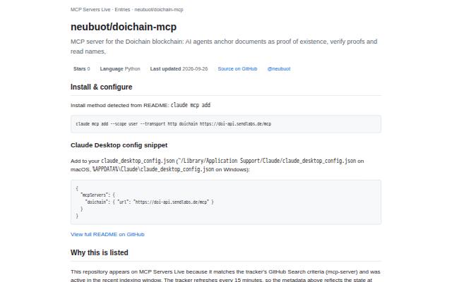 Verkleinerte Startseite von MCP Servers Live: Doichain-MCP
