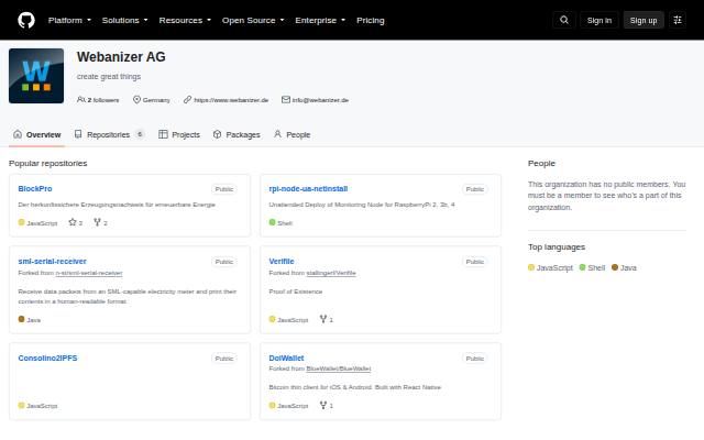Verkleinerte Startseite von GitHub-Organisation webanizer