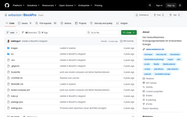 Verkleinerte Startseite von BlockPro-Quellcode des Forschungsprojekts