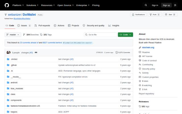 Verkleinerte Startseite von DoiWallet Ursprungs-Fork