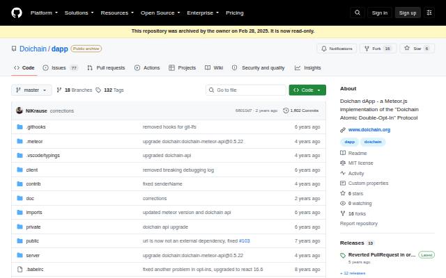 Verkleinerte Startseite von Quellcode Doichain dApp