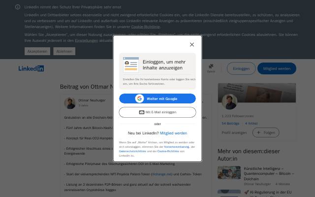 Verkleinerte Startseite von LinkedIn-Beitrag: Gratulation an alle Doichain-Aktivisten