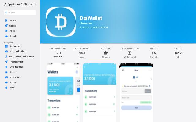 Verkleinerte Startseite von DoiWallet im App Store