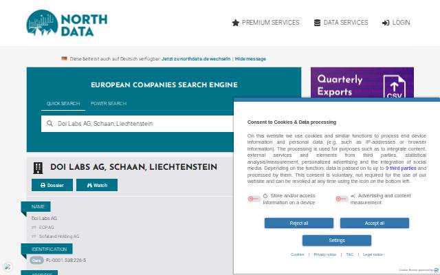 Verkleinerte Startseite von North-Data-Profil DOI Labs AG