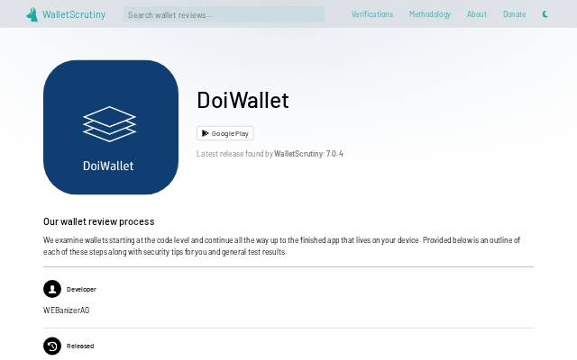 Verkleinerte Startseite von WalletScrutiny-Bewertung der DoiWallet