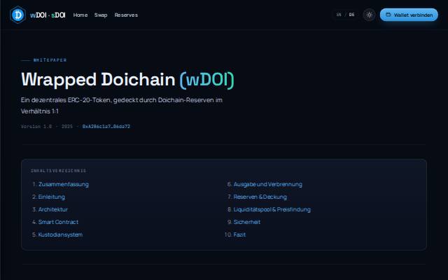 Verkleinerte Startseite von wDOI-Whitepaper und Dokumentation online