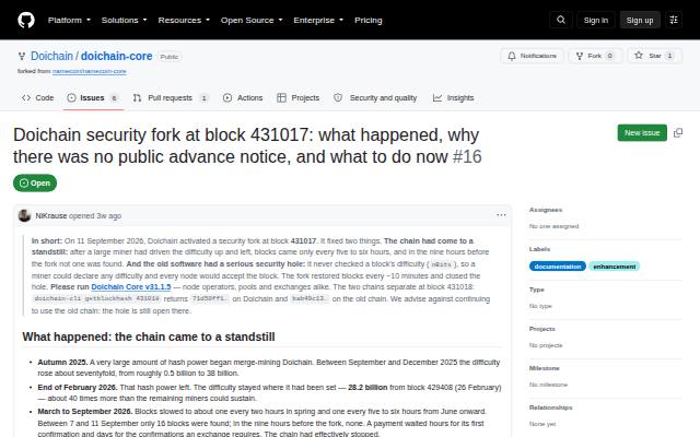 Verkleinerte Startseite von Hinweis zum Sicherheitsfork bei Block 431017