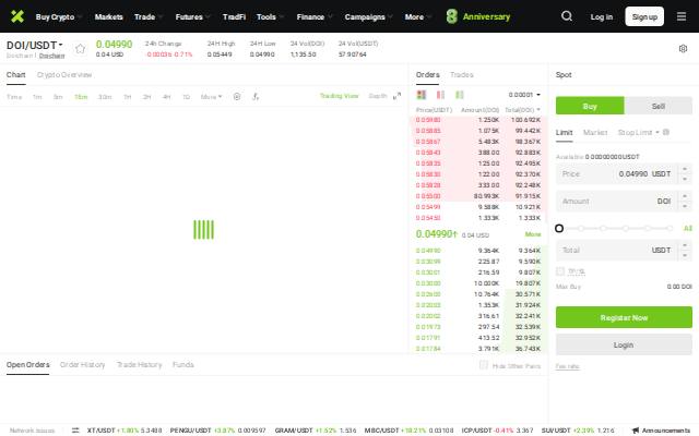 Verkleinerte Startseite von XT.COM DOI/USDT